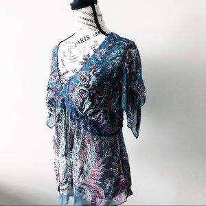 BOHO BLUE SHORT FLUTTER SLEEVE SHEER SILK SHIRT SZ LARGE